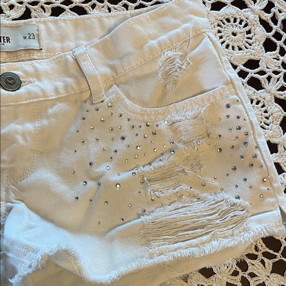 Hollister White Distressed Rhinestone-Accent Denim Shorts - Picture 2 of 6